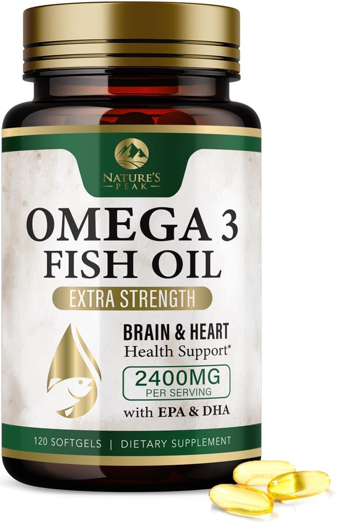 Omega 3 Fish Oil Pills 2400mg - Triple Strength Omega 3 Fish Oil Supplements - Bästa EPA & DHA fettsyror för hjärn- och hjärthälsostöd, naturens Omega3 Supplement, 60 Day Supply - 120 Softgels
