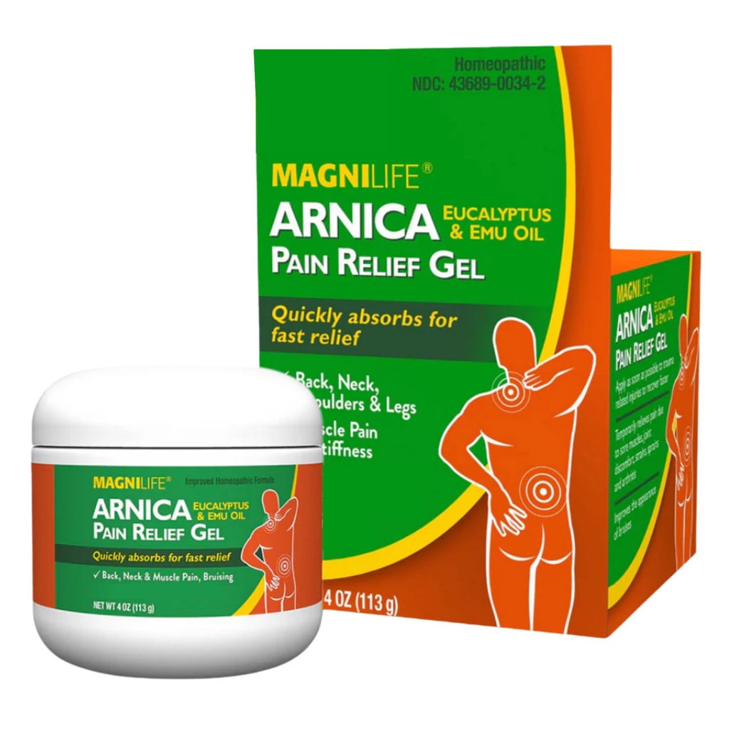 MagniLife Arnica Pain Relief Gel, nopeatoiminen niska- ja selkäkipujen lievittäminen, Eucalyptus ja Emu Oil rauhoittaa Soothe Soreness, tulehdus ja epämukava - 4oz