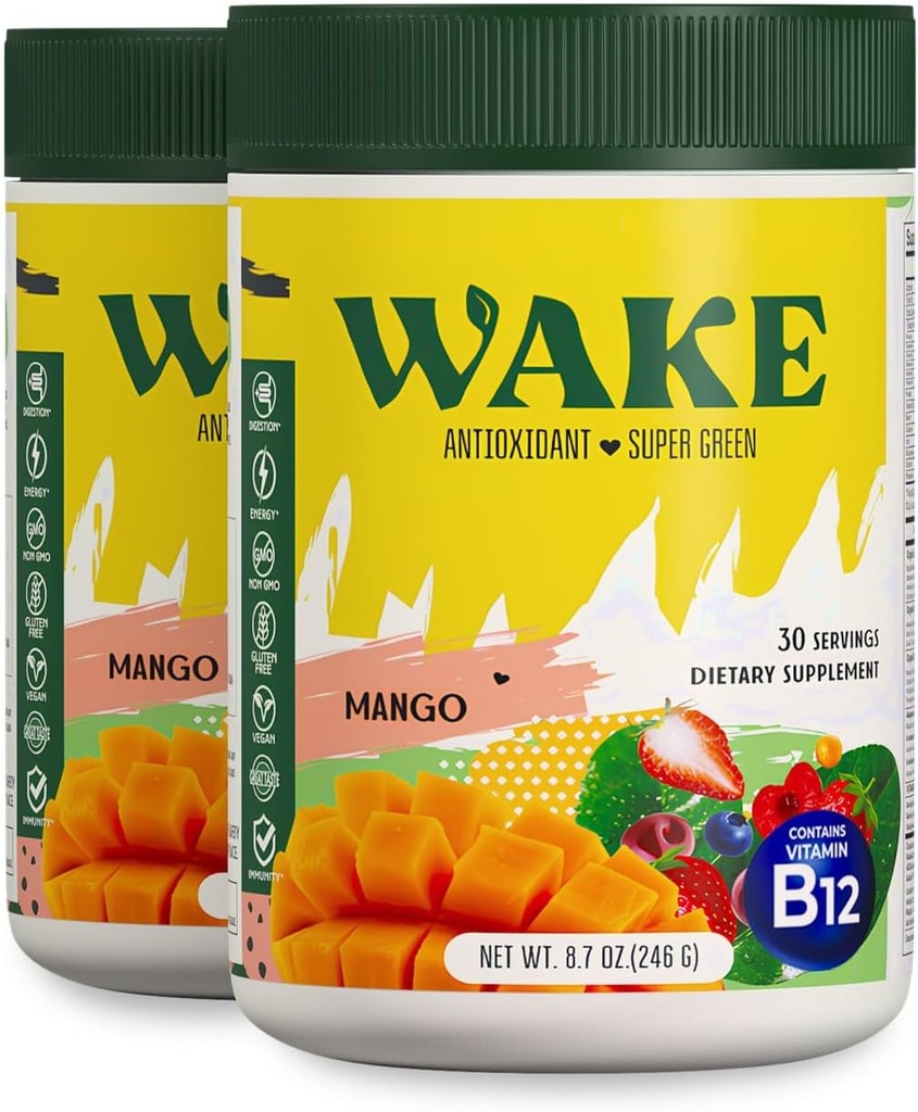 Vakna Antioxidant Super Greens, Grön Powder för att minska Bloat, Spirulina & Chlorella, Vitamin B12, Non-GMO, Hälsosam Digestion för kvinnor, Enzymer, Probiotika, Acai Berry & Camu Camu, 2 st för 1 kostnad