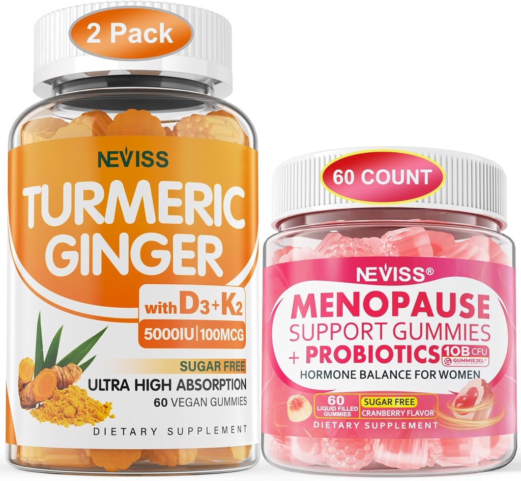 2 Pack Turmeric Inkivääri Gummies + 1Pack Menopause täydennysosa täytetyt Gummies