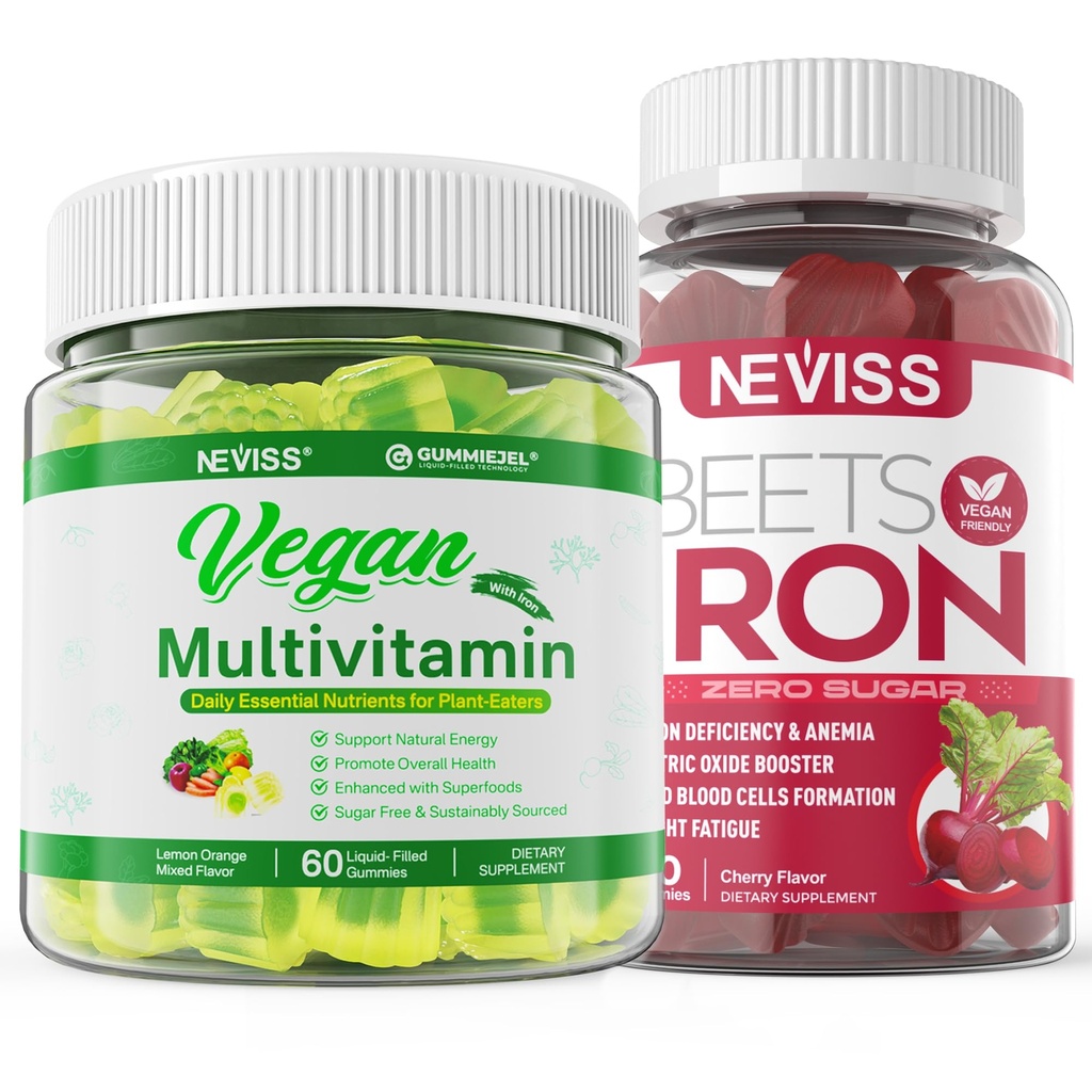 Vegan Iron Gummies vegaaninen monivitamiini naisille Miehet rautaa, B12, A, D3, K2, Algae Omega 3, Magnesium, Sinkki