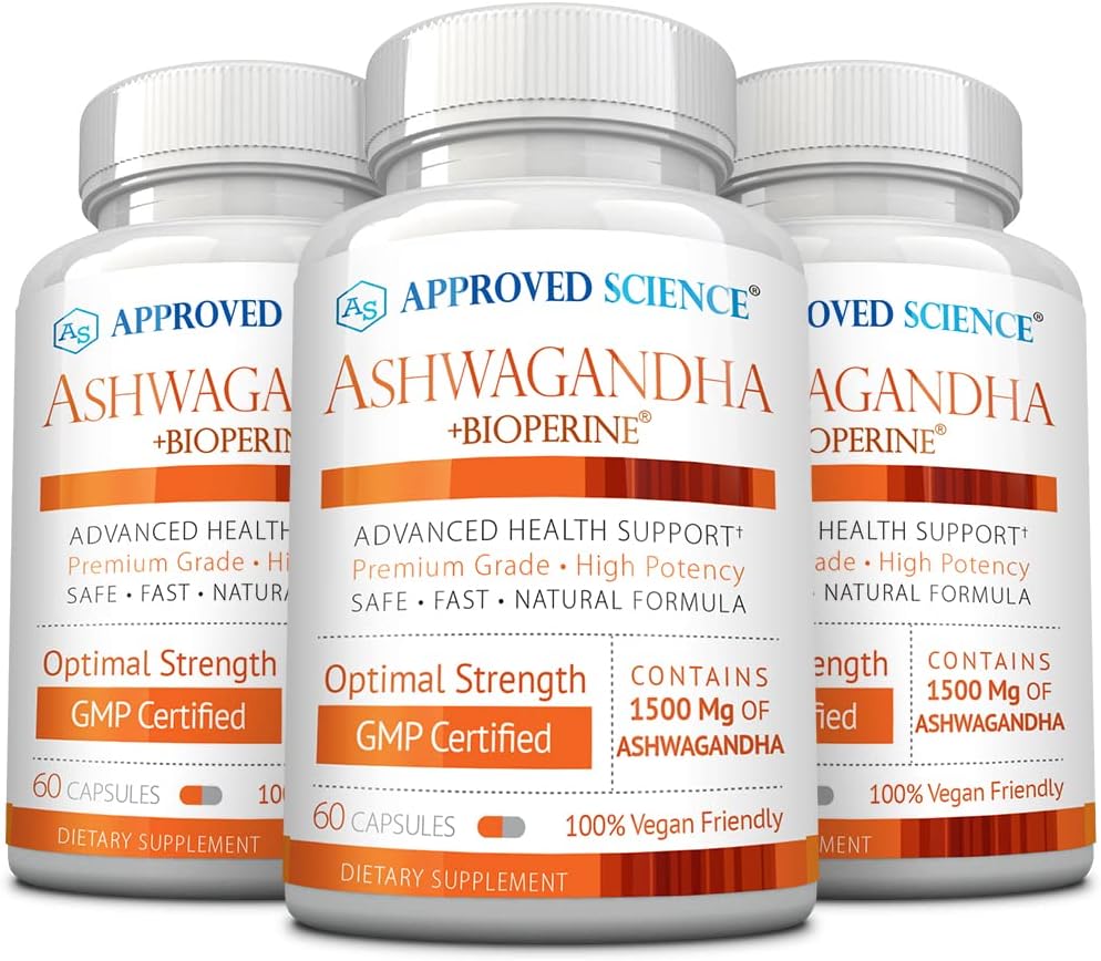 Hyväksytty Science Ashwagandha 1500 mg Bioperine® ja inkivääri-boost mieliala & energia - 60 vegaaninen ystävällinen kapselit (3 pullot)