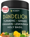 Dandelion Root Supplement 7500mg 6in1 för Digestion, Heart Health & Immune - Blended med Ginger, Turmeric Curcumin, Ceylon Cinnamon, Lemon Balm & Holy Basil - 100 Dandelion Capsules