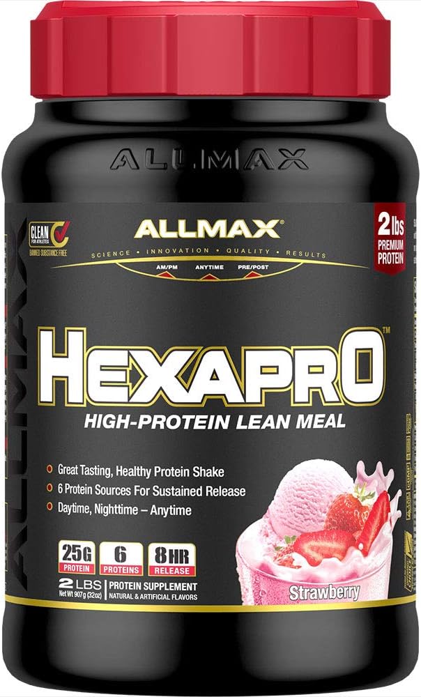 ALLMAX HEXAPRO, jordgubbar - 2 lb - 25 Grams of Protein Per Serving - 8-timmars hållbar frisättning - Zero Sugar - 21 portioner