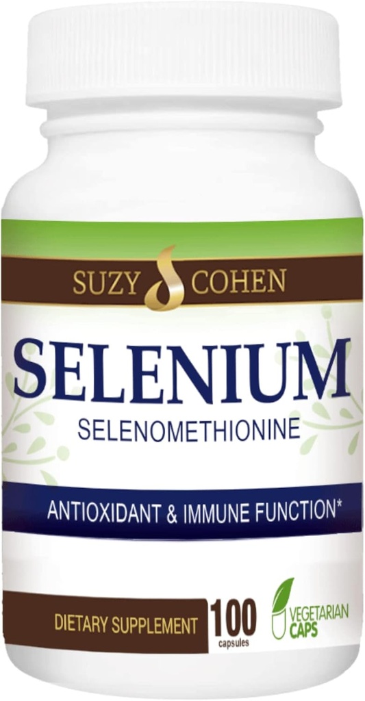 Suzy Cohen Selen Supplement 200 mcg, Maintain Healthy Heart, Immune System, Support Thyroid, Prostrate Function, Yeast Free Chelated Tummy Friendly Amino Acid, Highly Bioavailable, 100 Veg Capsule