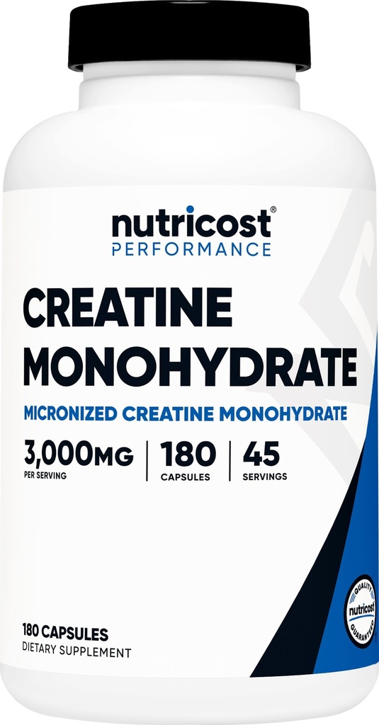 Nutricost Creatine Monohydraatti 3 000 mg, 180 kapselia (750 mg per kapseli) - Gluteeniton, ei-GMO