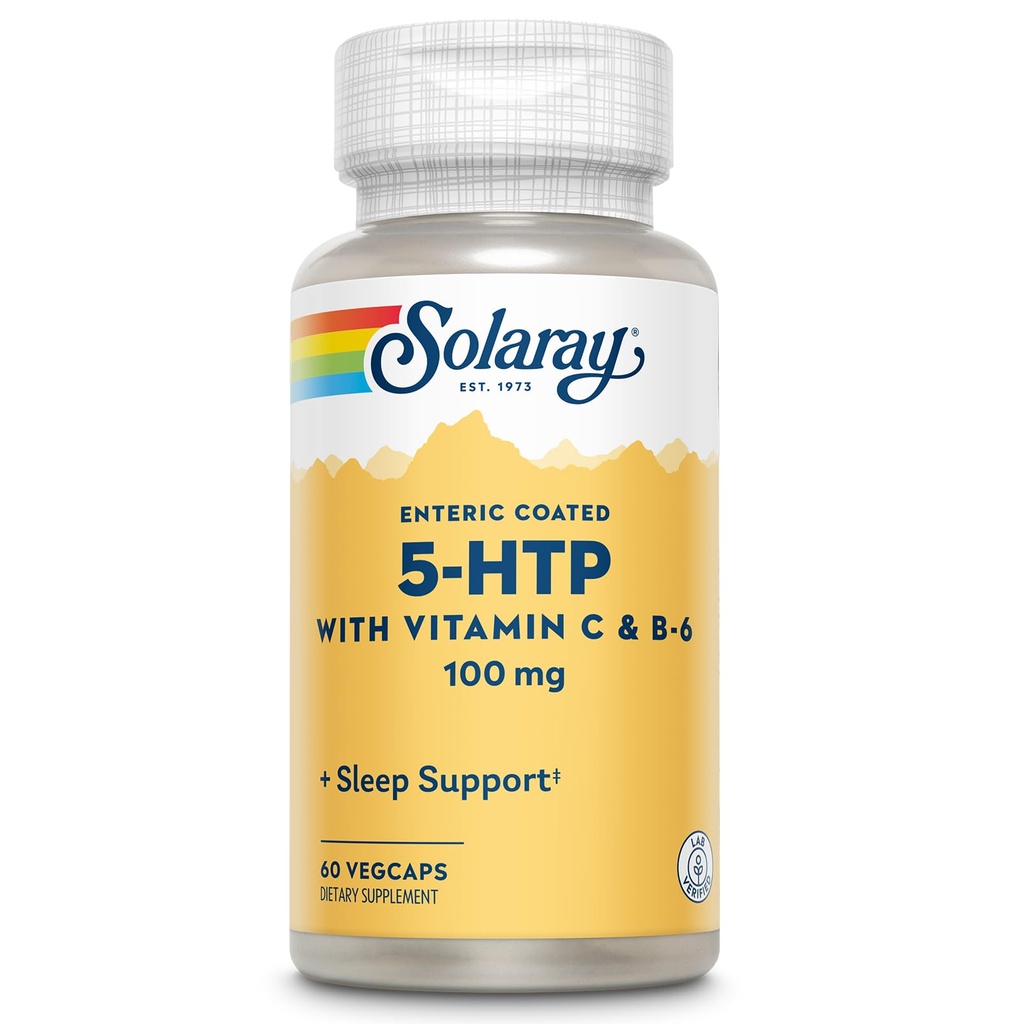 SOLARAY 5 HTP-tillägg med vitamin C & B-6 - Sömntillskott och Serotonin Synthesis Support - Lab Verified, 60-Day Money-Back garanti - 60 portioner, 60 Enteric Coated VegCaps