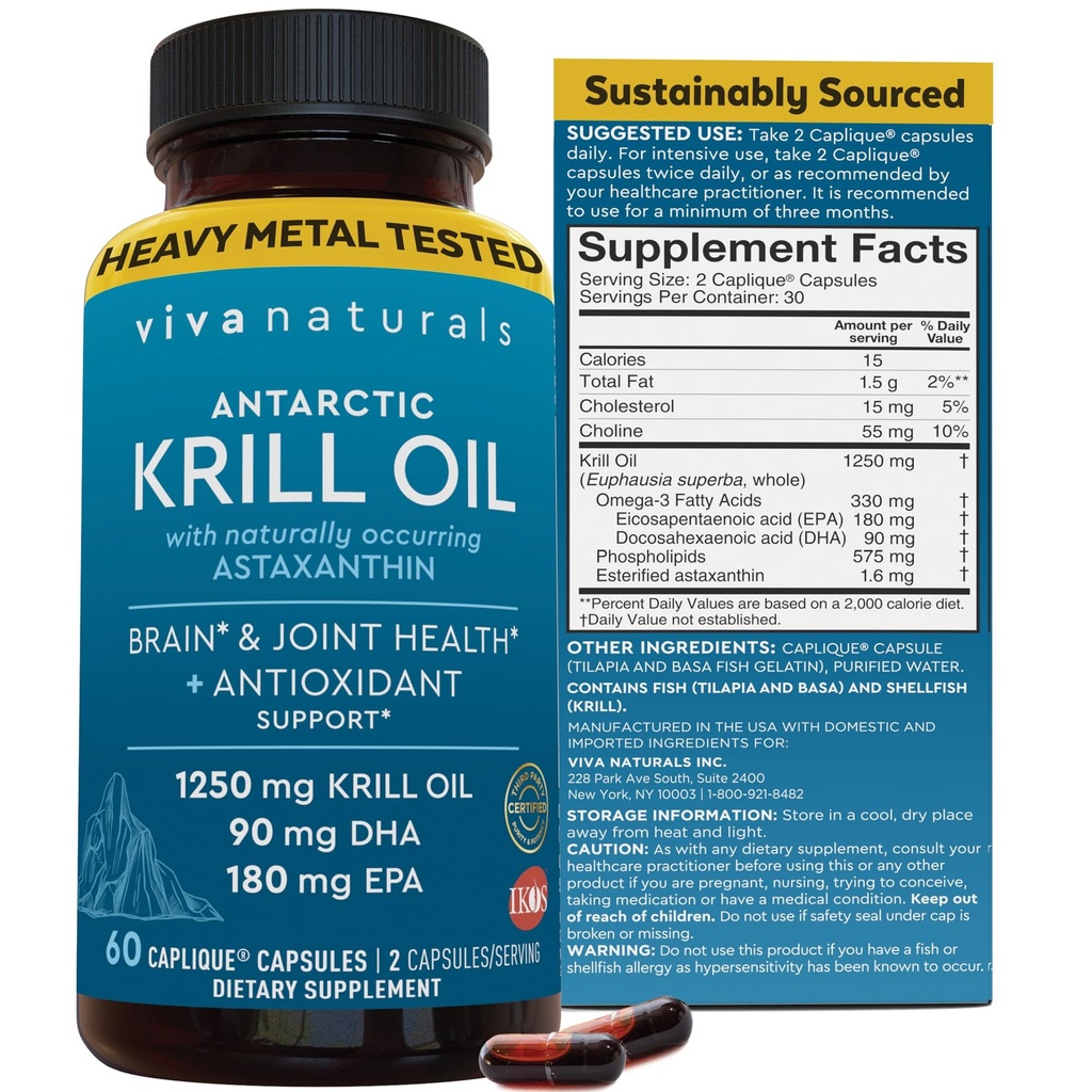 Viva Naturals Antarktis Krill Oil Omega 3 Lisäravinteet 1250 mg - DHA EPA Omega-3 & Astaksantiini Pitoisuus Yhteinen terveys, Ei kala Burp - 60 Krill Oil Kapselit