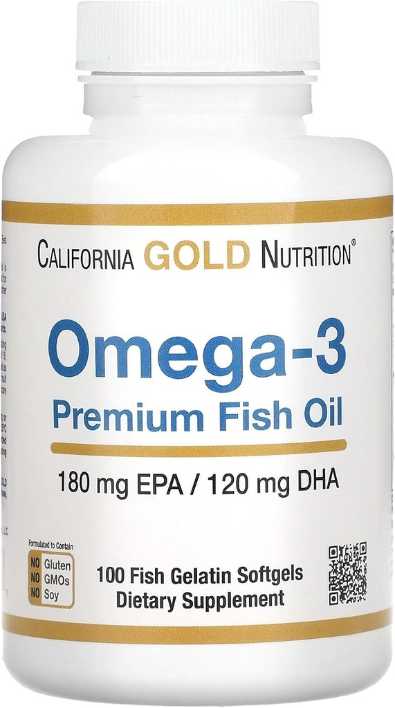 Kalifornien Gold Nutrition Omega-3 Premium Fish Oil, koncentrerad formel med EPA & DHA, Stöd för Optimal Lipid Profile & Immune System, Gluten Free, Non-GMO, 100 Fish Gelatin Softgels