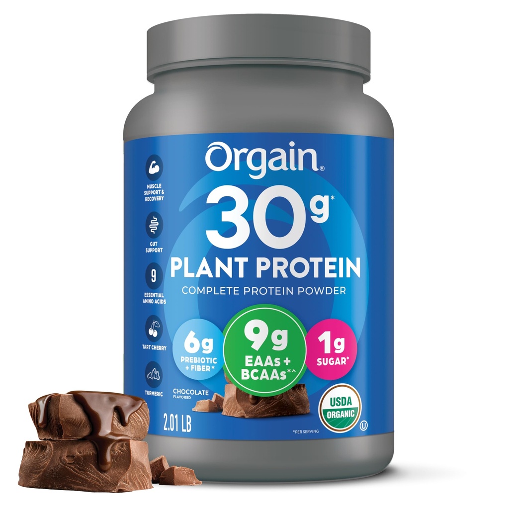 Orgain Organic 30g Vegan Protein Powder, Chocolate 9g EAA + BCAAs, Kasviproteiini, 6g Prebiootti + kuitu, 1g Sokeri, Esityö, Lihastuki + Recovery - 2.01lb (Pakkaus May Vary)