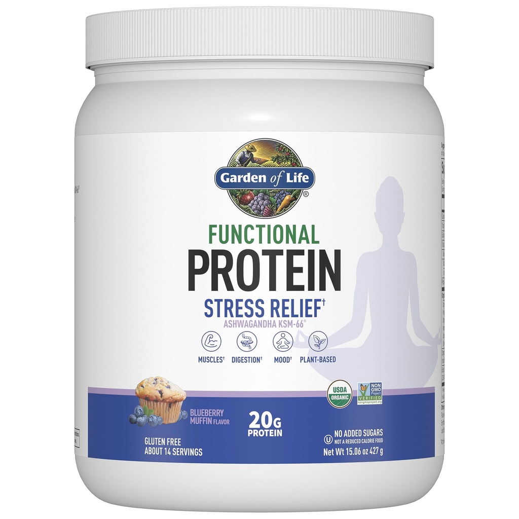 Elämänpuutarha - Toiminnallinen proteiini Stressi Relief - 20g Organic Sprouted & Fermented Protein Blend - Mustikka Muffini, Mood Blend for Stress Management, Ashwagandha KSM-66, Vegan - Noin 14 Tarjoilua