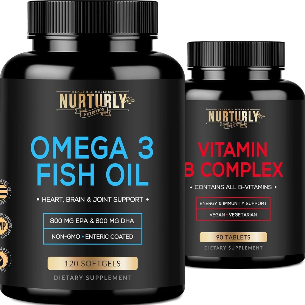B-vitamiini Complex ja Omega 3 Fish Oil - B-vitamiinit B1, B2, B3, B5,B6,B7,B9,B12 ja Biotin 