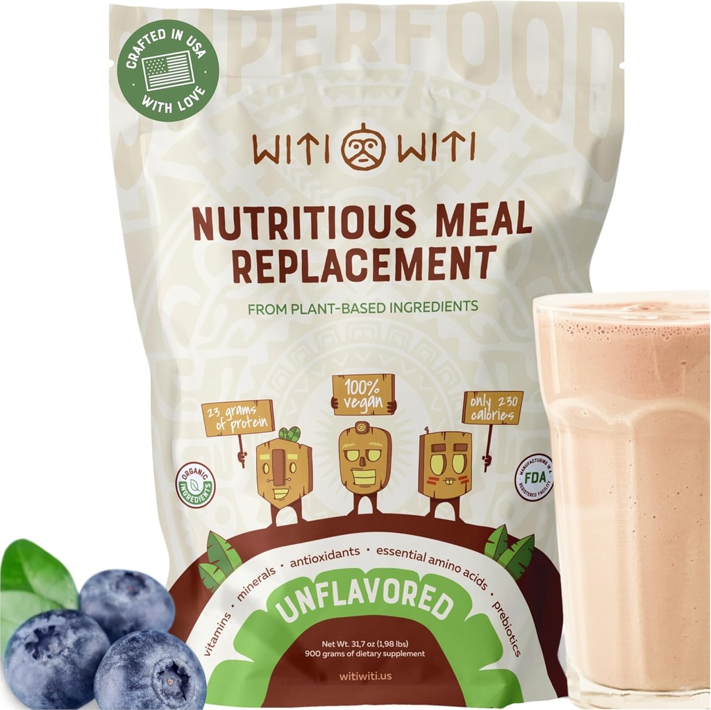 WitiWiti Vegan Meal Replacement, Unflavored - Plant Based Protein Powder 23g - Superfood, gröna, prebiotika, vitaminer och mineraler - Dairy & Gluten Free - Allt i en skaka för kvinnor och män, 15 Svgs