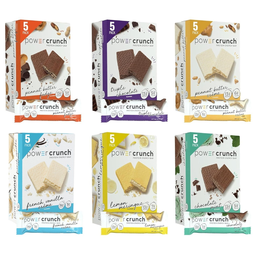 Power Crunch Protein Wafer Bars, Variety Pack, i 6 smaker 1.4 Ounce Bars (30 greve). Hög protein Snacks med läckra smak