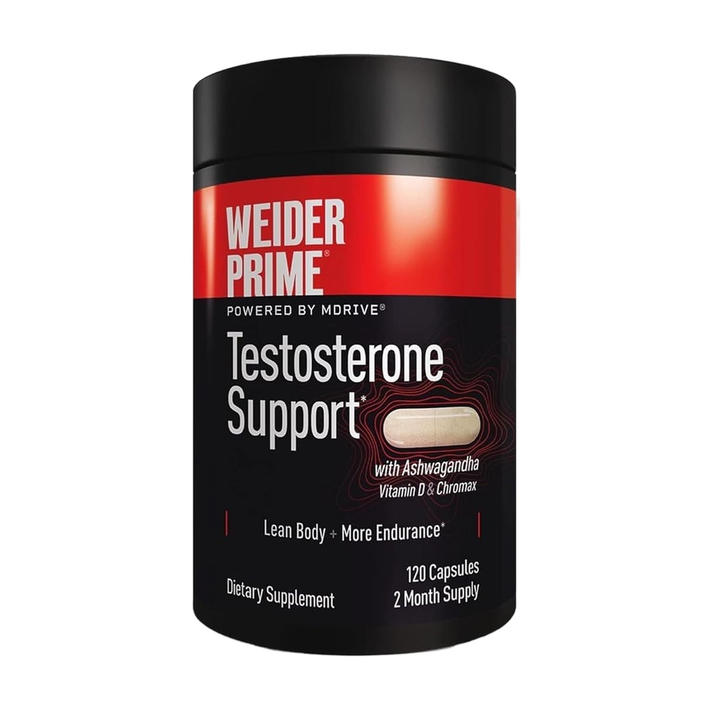 Weider Prime Testosteroni tuki - miesten ravitsemus - Rikastettu vitamiineja ja kivennäisaineita - Ashwagandha, Chromax Kromi, Bioperine & Sinkki - Gluteeniton - 120 kapselia