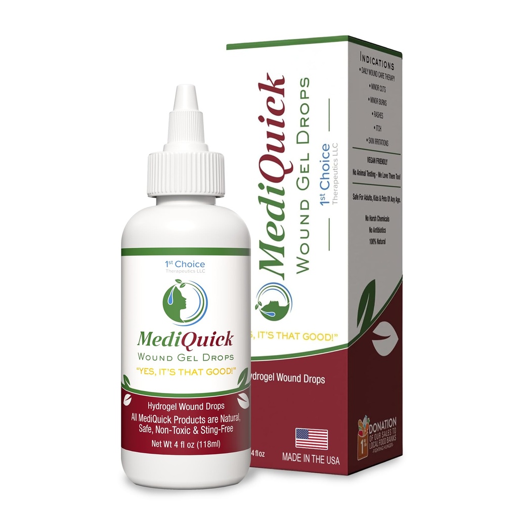 MediQuick ihon ja haavojen hoito Hydrogel Drops - Nopea parantava ensiapu tipat 12 tuntia Toimintaa paranemisleikkaukset, Burns, tulehdus, ihottuma, kutina, ihottuma & enemmän - Turvallinen haavanpesu ei-lasku - 4 Fl Oz