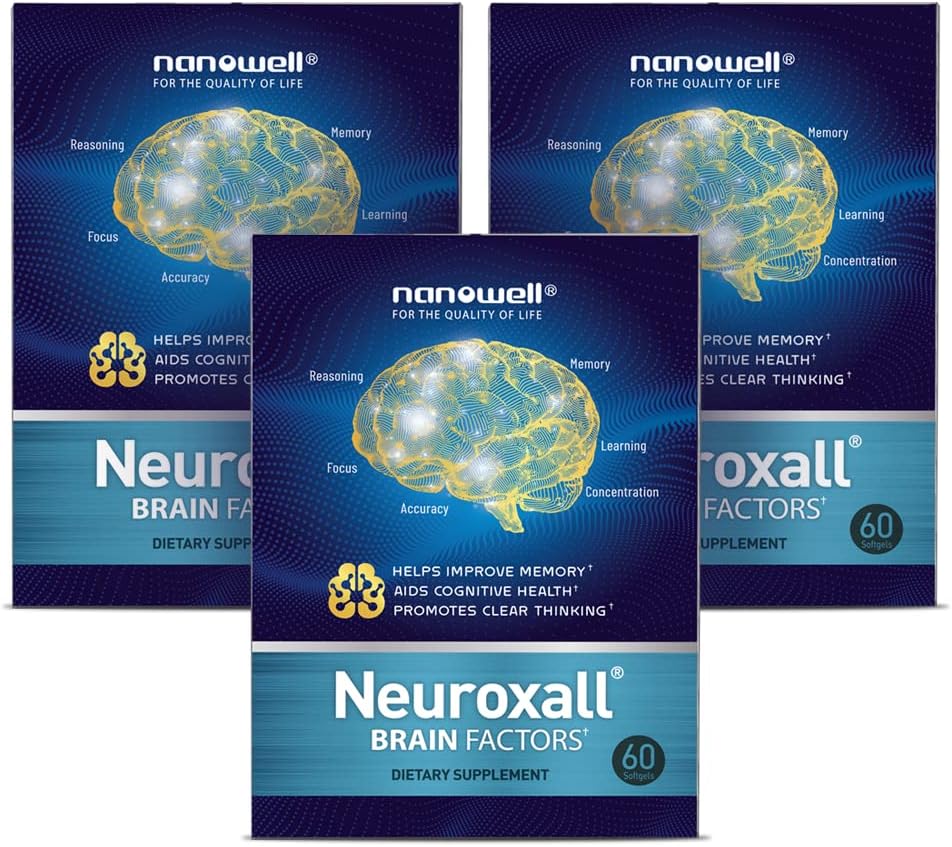 NANOWELL Neuroxall Brain Health Supplement for Enhanced Cognitive Function and Mental Clarity, Astaksantiini, Ginkgo Biloba Extract, Antioksidantti - 60 Softgels X 3 laatikkoa 3 kuukautta (180 Count)