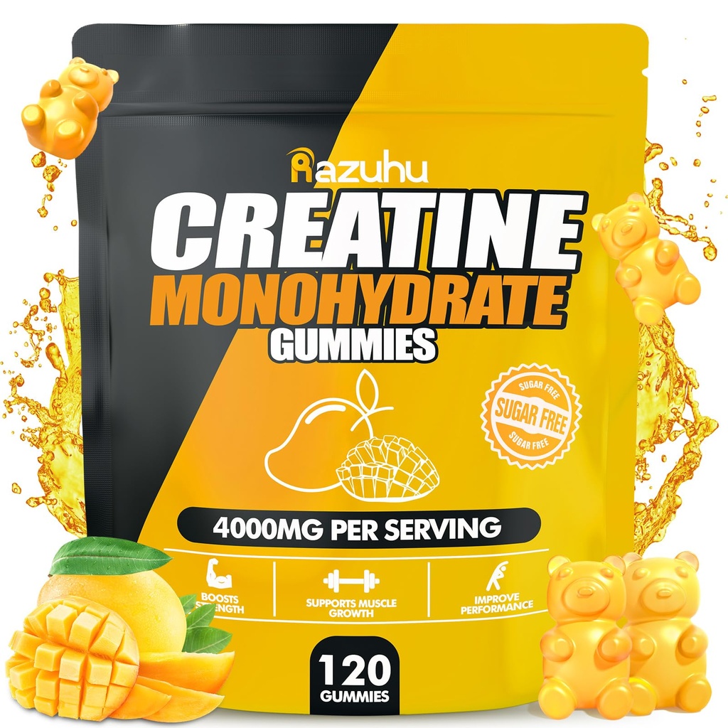 Maustettu kreatiinimonohydraatti Gummies Sokeriton,Pre harjoitus täydentää kreatiini Gummies miesten ja naisten, kuntosali täydentää,Tukee lihasten kasvua,Recovery, vahvuus,Energy Boost(120 Count)-Mango
