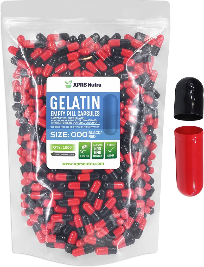 XPRS Nutra Koko 000 Tyhjä kapselit - 1000 kreivi suuri tyhjä liivate kapselit - pillerit DIY täydennysosa kapselin täyte - Täytettävä väri Gel Caps pillereitä Do-It-Yourself lisäravinteet (punainen/musta)