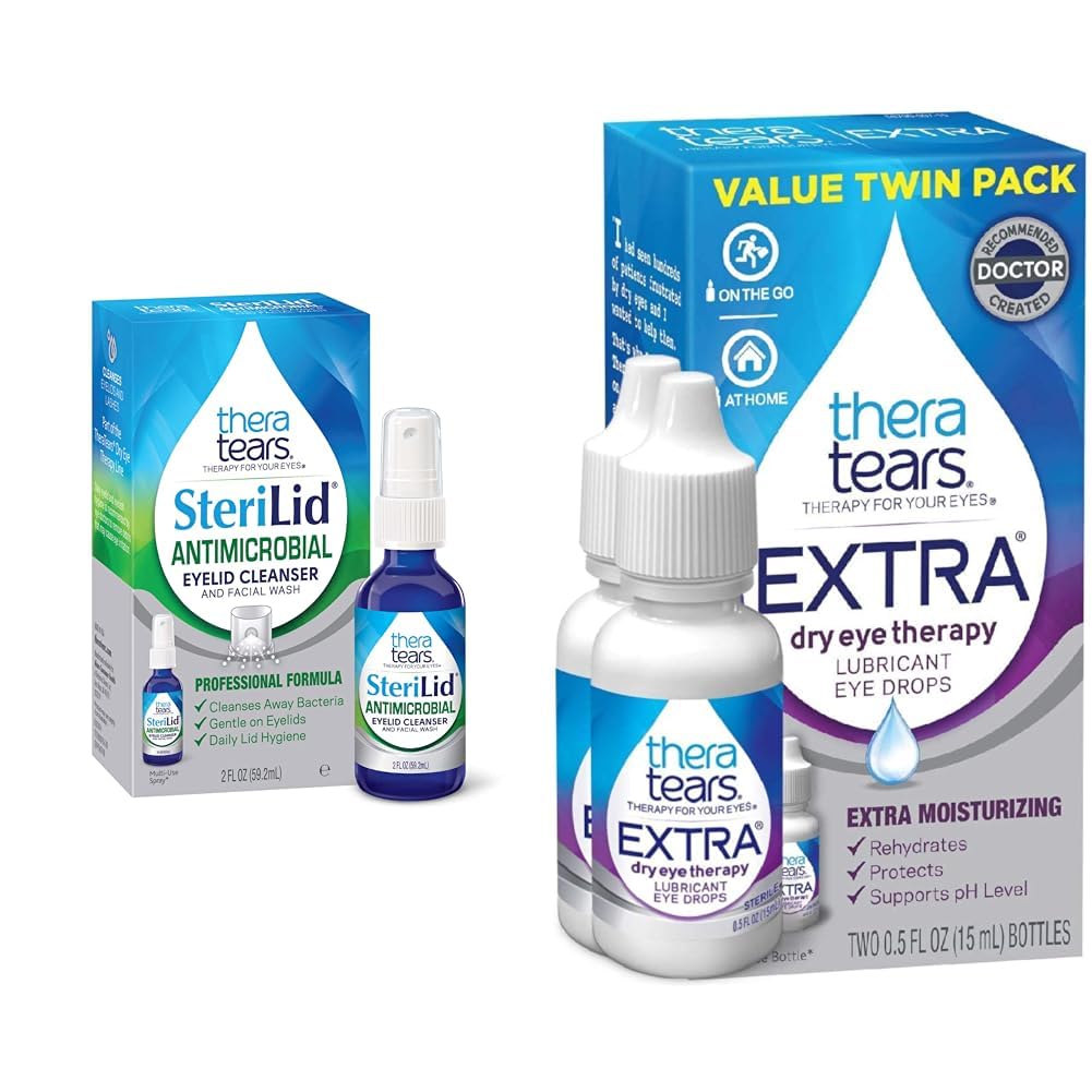 TheraTears Extra Dry Eye Therapy Voitelu silmätipat kuiviin silmiin, 0,5 dl pullo, 2 kreivi & SteriLid silmäluomen puhdistusaine ja kasvojen pesu, ärtyneille silmille, 2 fl oz Suihku