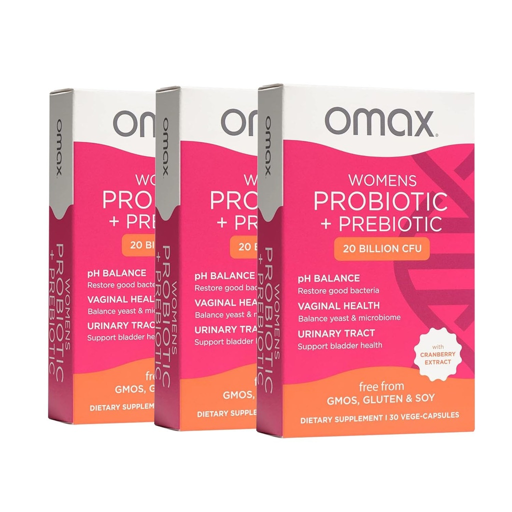 Omax3 Naiset Probiootti + Prebiootti, Karpalo- ja chicoryjuuri, 20 miljardia PMY, 6 Kliinisesti todistettu kanta, emättimen pH, UTI, turvotus, (Packaging May Vary) 90 Kasviskapselit (3 laatikkoa)