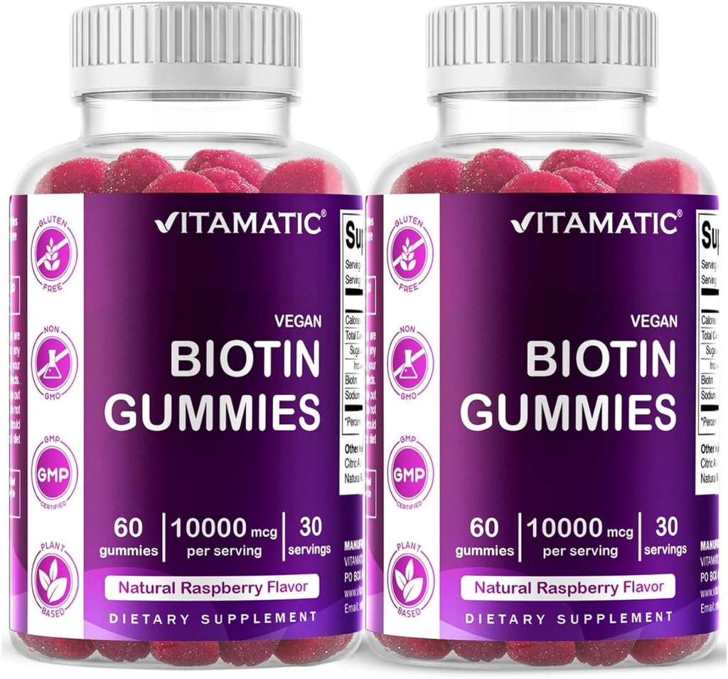 Vitamaattinen Biotin Gummies 10 000 mikrog vahvempi hiukset, iho & kynnet - 60 vegaaninen Gumies - myös kutsutaan B7-vitamiini (2 pullot)