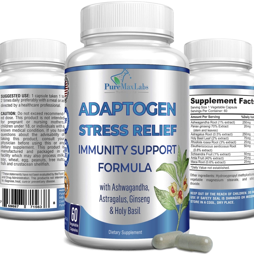 Adaptogen Stress Relief Immuno Support Formula - Adaptogenic Adrenal Support Ashwagandha, Astragalus, Ginseng, Holy Basil, Rhodiola, Amla, Maca, Schisandra, non-GMO - 60 kapselia