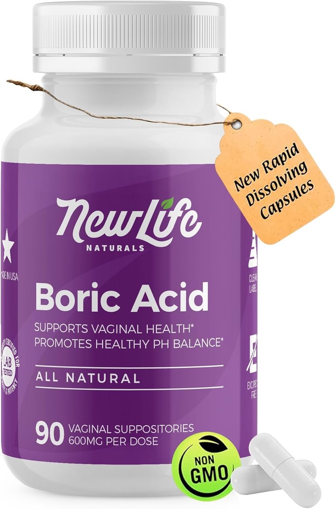 NewLife Naturals - Medical Grade Boric Acid Vaginal Suppositories - 600mg - 100% Pure Women pH Balance Pills - Hiivatulehdus, BV - 90 kapselit: Made in USA