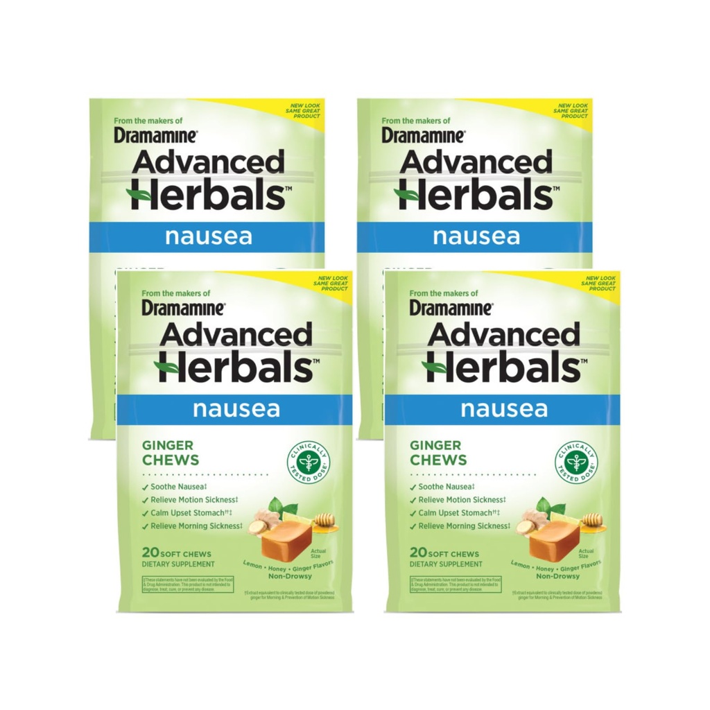 Dramamine Ginger Chews, hjälper till med Nausea, Lemon Honey Ginger smak, 20 mjuka Chews (Pack of 4)