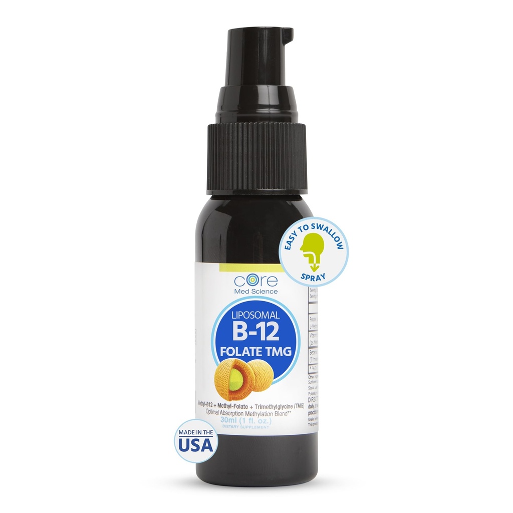 Core Med Science Liposomal B12 Folate TMG Liquid Spray Supplement för kvinnor och män - Stöder humör, kognitiv och hjärthälsa - Vitamin B9 & Betaine för Homocysteine Levels & Methylation Cycle, 1 Fl Oz