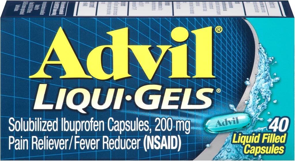 Advil Liqui-Gels Smärta Reliever och feber Reducer, Smärtmedicin för vuxna med Ibuprofen 200mg för huvudvärk, Backache, menstruationssmärta och gemensam smärtlindring - 40 flytande fyllda kapslar