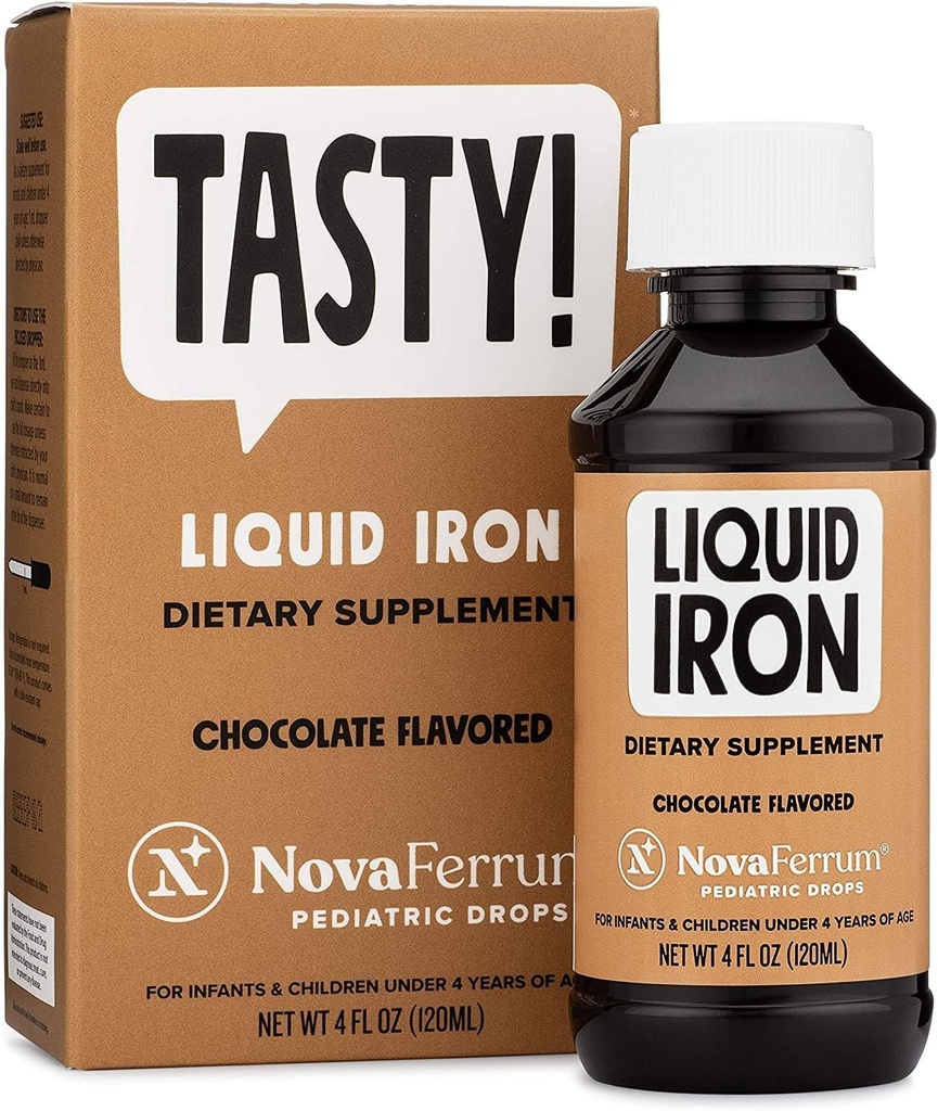 NovaFerrum Tasty | Pediatric Drops Liquid Iron Supplement för spädbarn, småbarn och barn | 15mg Iron Per 1mL Dose | Ålder 4 & Under | Gluten Free | Sugar Free | Chocolate Flavored | 120 portioner