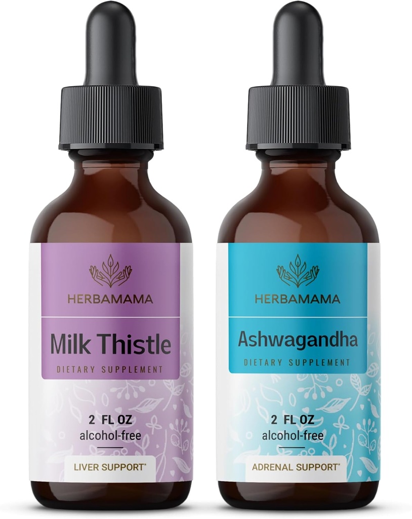 HERBAMAMA Herbal Liquid Drops Kit - Bundle of Milk Thistle Extract & Ashwagandha Root Tincture 2 fl oz - Vegan, ei-GMO, Sokeri & Alkoholiton - 2 pakkaus