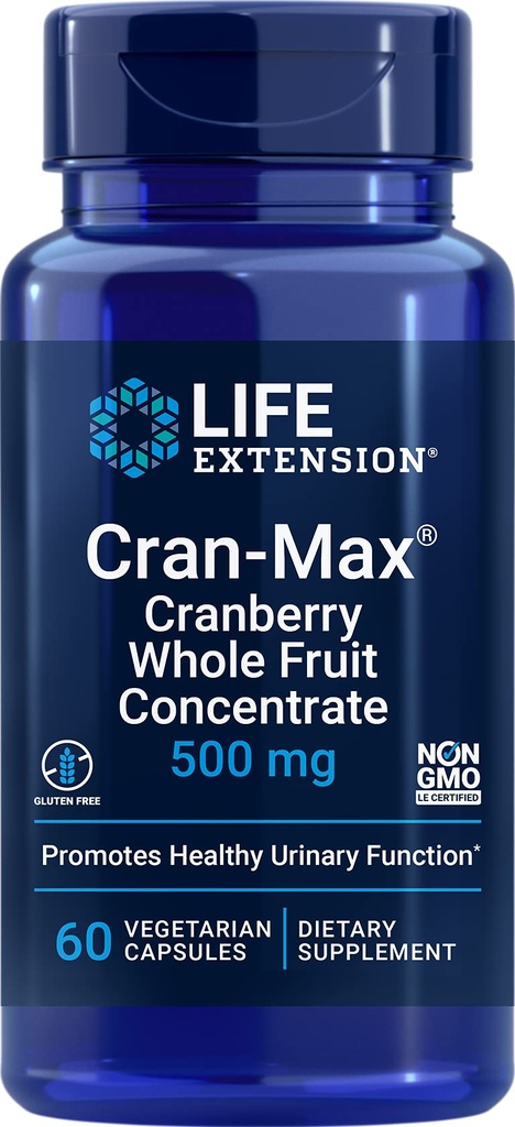 Life Extension Cran-Max®, 500 mg, Cranberry koko hedelmäkonsentraatti, edistää virtsan tract terveyttä tehokkaita antioksidantteja, gluteeniton, kasvissyöjä, ei-GMO, 60 kapselia