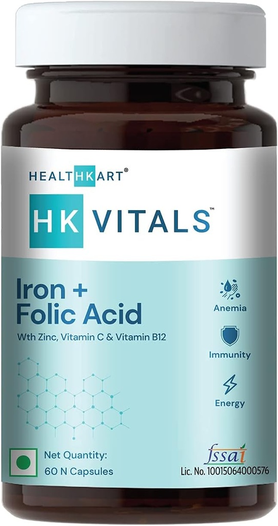 Health k Iron + Folic Acid Supplement, med Zink, Vitamin C & Vitamin B12, stöder blodbyggnad, immunitet och energi, 60 järnfolicsyra kapslar