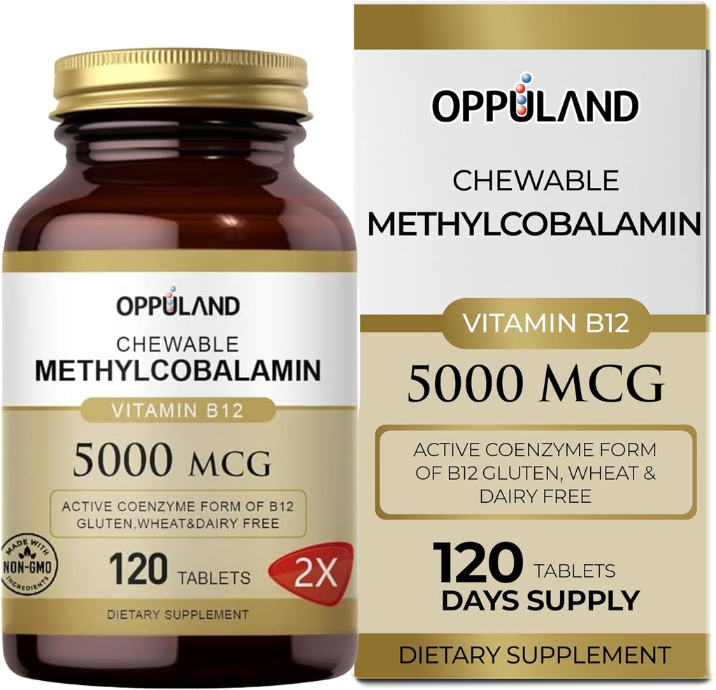 Metyyli B-12 5000 mcg pureskeltava Folaatti - B12-vitamiini Methylcobalamin Sublingual Tablets - Tukee energiaa ja aivoja toiminto - Vegan täydennysosa - Orange Flavor - 120