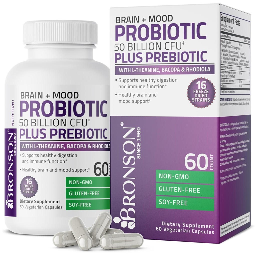 Bronson Brain + mielialaprobiootti 50 miljardia PMY Plus Prebiootti L-Theanine, Bacopa ja Rhodiola ei-GMO, 60 kasviskapselia