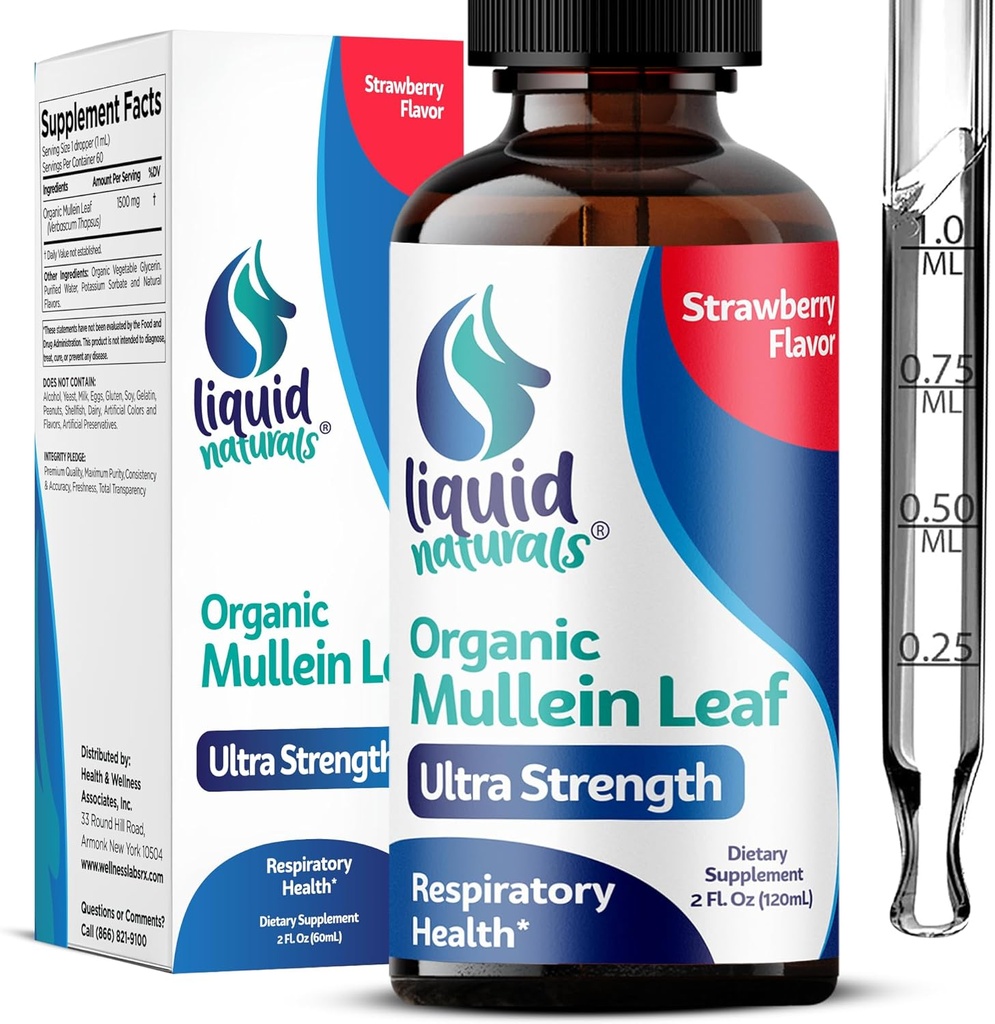 Mullein Drops för Lungs, 2 Fl. Oz, Mullein Leaf Extract för Lungs Strawberry Flavor, Mullien Lung Detox och Cleanse, Mullen Tincture Support för hälsosam andning