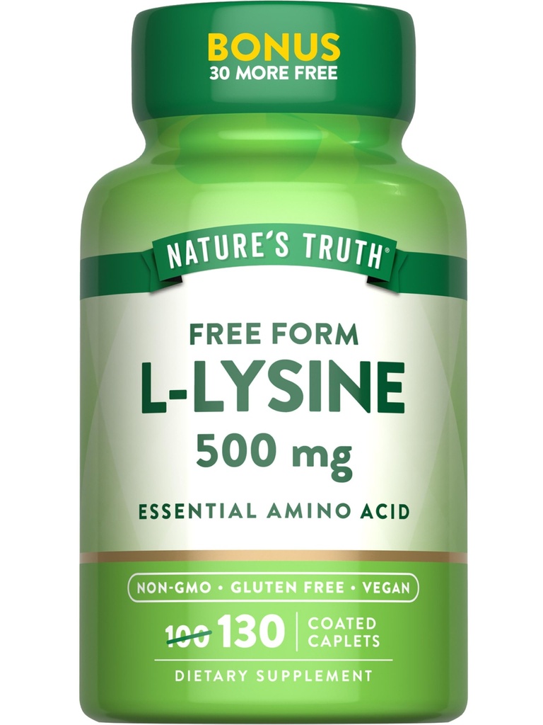 Naturens sanning L-Lysine 500mg | 130 Coated Caplets | Gratis Form | Essential Amino Acid | Vegan, Non-GMO och Gluten Free Supplement