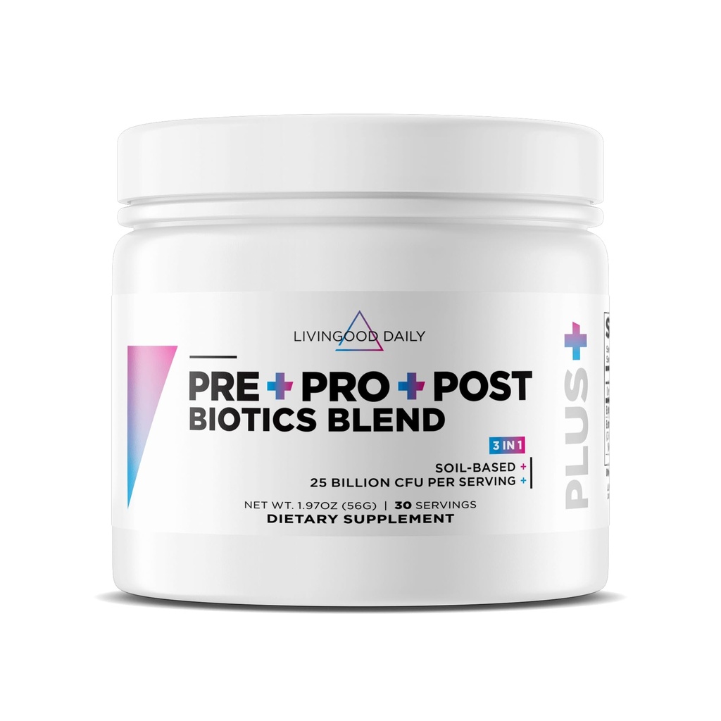 Livingood Daily Pre Pro Post Biotics Blend Powder, Digestive Health Supplement med prebiotika från Organic Blue Agave Inulin, SBO Probiotics, Probiotics for Women & Men, Non GMO, Vegan, 30 Servings