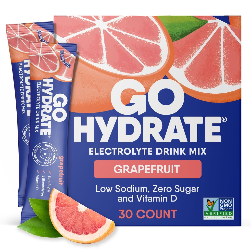 GoHydrate Low Sodium Electrolytes Powder Packets Sugar Free - Instant Hydration Daily Drink Mix - Zero Sugar Water Flavor Packet Singles D-vitamiini - (Grapehedelmät, 30 pakkausta)