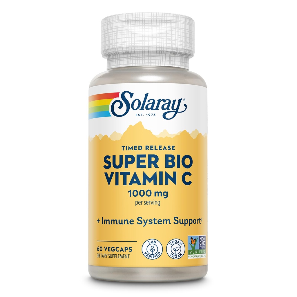 SOLARAY Super Bio puskuroitu C-vitamiini 1000 mg, kaksivaiheinen, ajoitettu vapauttaa C-vitamiinin Bioflavonoidit, Immuuni tuki täydentää - korkea imeytyminen, vegaaninen, 60 päivän takuu, 30 tarjoiluja, 60 VegCaps