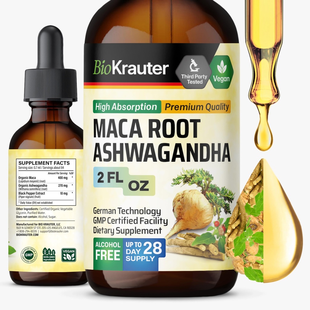 BIO KRAUTER Maca Root ja Ashwagandha Tincture - Maca & Ashwagandha täydentää miehille ja naisille - Liquid Supplement for Mood Support - Alkoholi ja sokeriton - Vegan Drops 2 Fl.Oz.