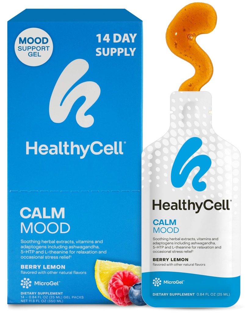 Healthycell Rauhallinen Mieliala Päivittäin Liquid Supplement - Cortisol Manager & Mood Tuki Stressiä Ashwagandha, L-Theanine, Magnesium, 5-HTP, GABA & Saffron - 14 Gel Packs