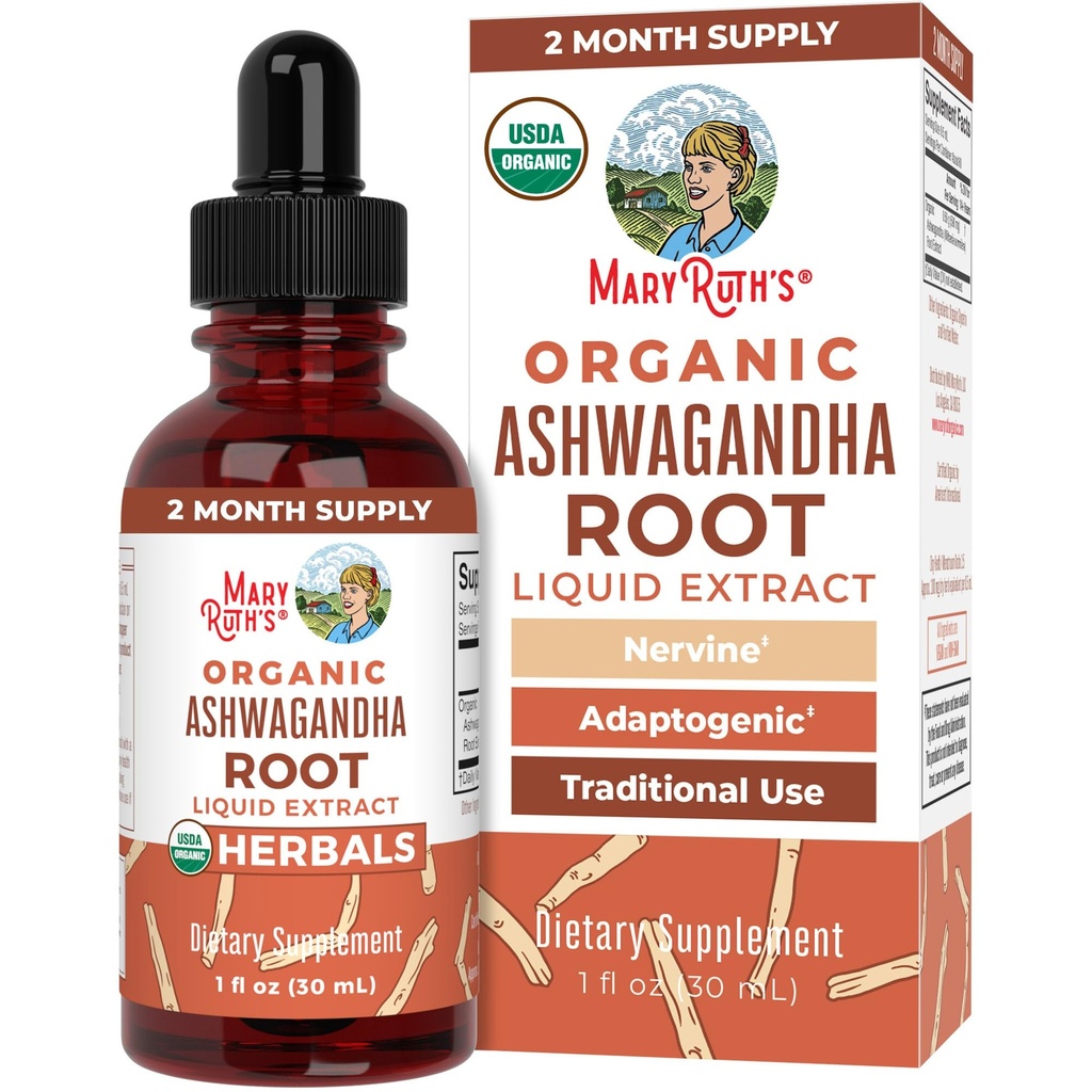 MaryRuth Organics Ashwagandha Root | USDA Organic Ashwagandha Liquid Drops | Stress Relief, Natural Calm, Relaxation och Mood Support Supplement | Adaptogenic | Nervine | Vegan | Non-GMO | 60 Sovers