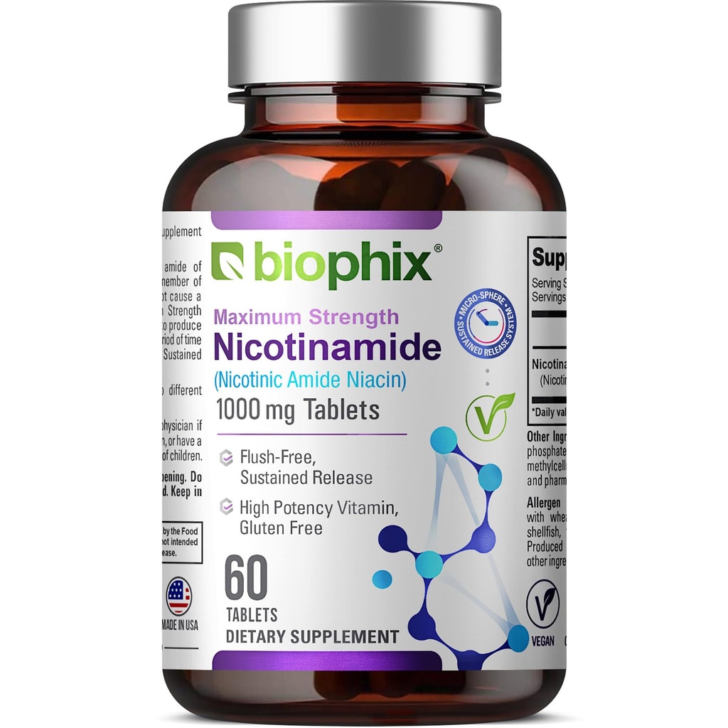 Biophix B-3 Nikotinamidi 1000 mg 60 tablettia Extra Strength Aikavapautus - Nikotinic Amide Niacin luonnollinen flush-vapaa vitamiini Formula - tukee ihon solujen terveyttä