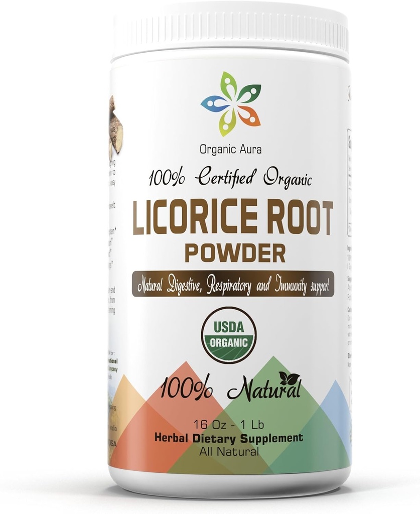 Organic Aura Licorice juurijauhe 16Oz -1Lb. Luonnollinen digestiivinen ja immuuni tuki. Parantaa yleistä terveyttä. 100% Natural ja raaka Superfood täydentää. Ei GMO:ta. Gluteeniton.