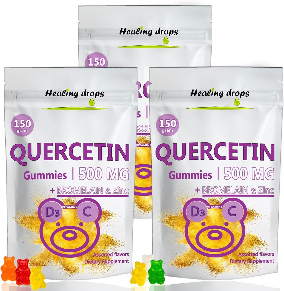 Quercetin with bromelain Gummies - C-vitamiini + Sinkki + D3-vitamiini - Quercetin 500 mg Gummies lapsille ja aikuisille (3 pakkausta)