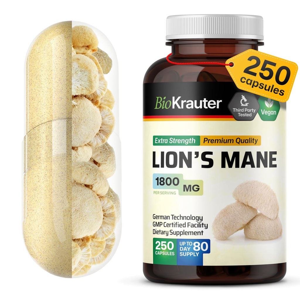 BIO KRAUTER Lions Mane Supplement Capsules 1800 mg - 250 greve - Vegan Lions Mane Powder Supplement för hjärnstöd - 3 månaders leverans - Inga filler