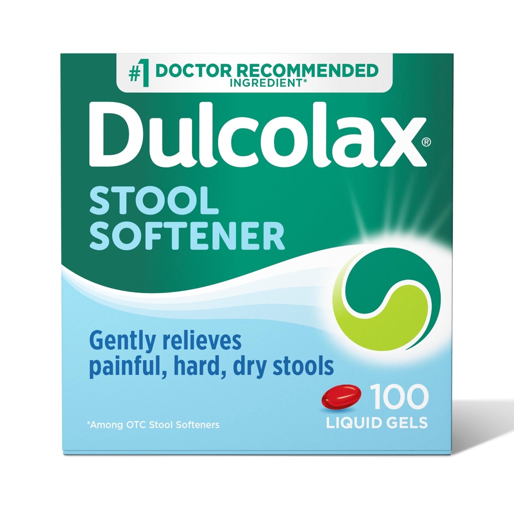 Dulcolax Softener solki Laksatiivinen neste geelikapselit, hellä Ummetus Helpotus koville, kuiville työkaluille, Docusate Sodium 100 mg, 100